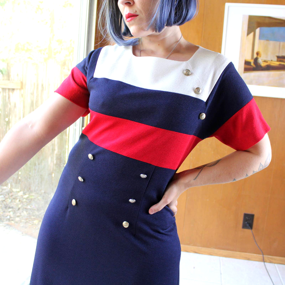 Vintage 90s Navy Red White Sailor Dress